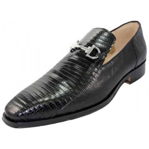 Fennix Italy 4011 Black All Over Genuine Lizard Loafer Shoes With Horsebit.